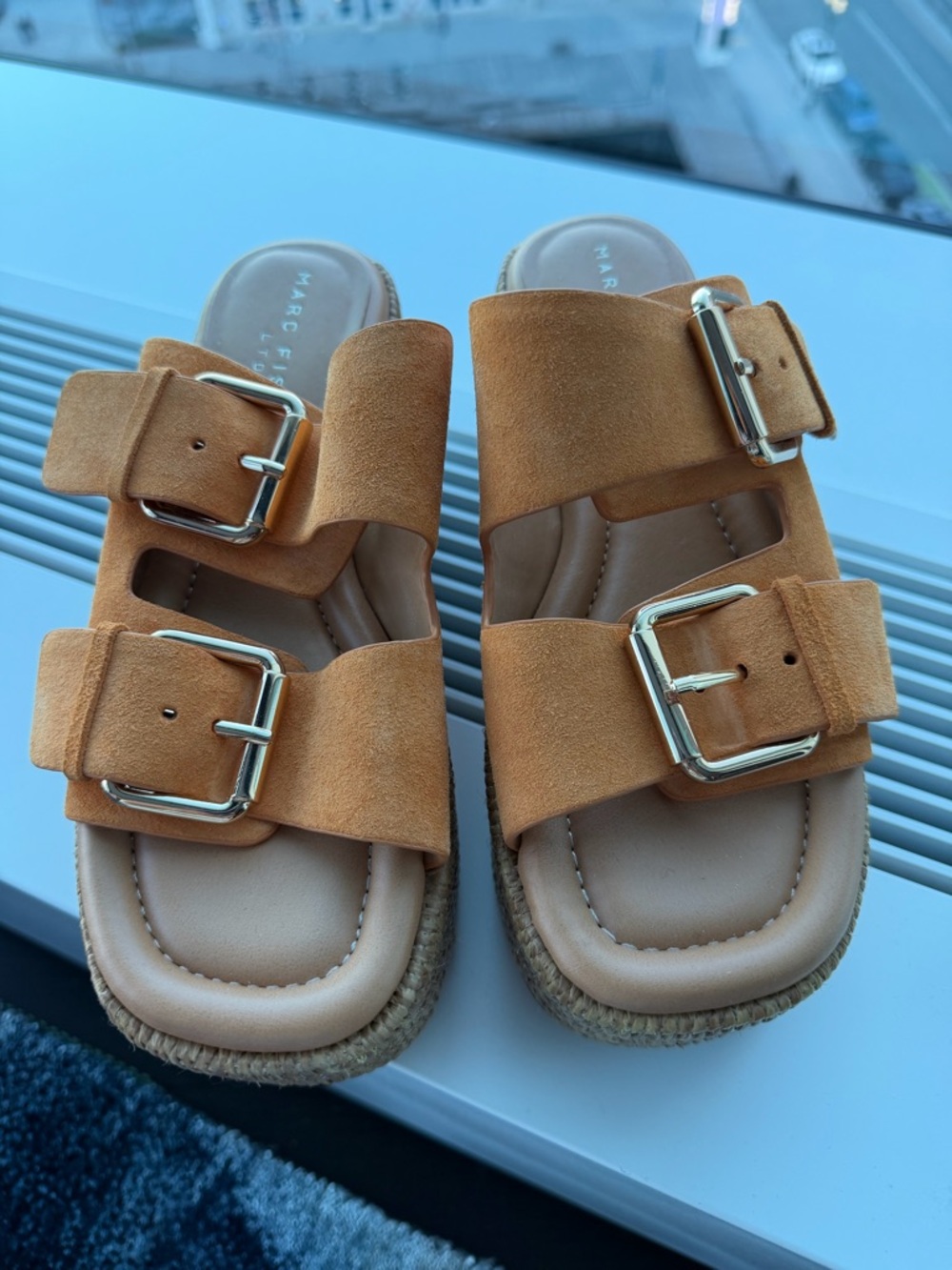 Marc Fisher Tan Suede Double-Buckle Slide Sandals